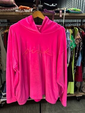 Pink Women's Hooded Velour Sweater - Hot Pink
